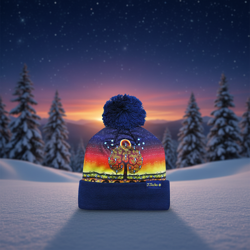 Colorful beanie with a tree design in a snowy landscape at sunset