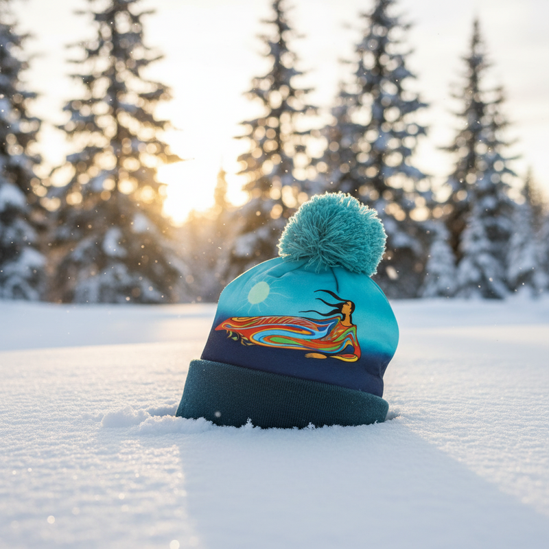 Colorful beanie with a design on a snowy landscape