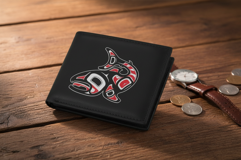 A black bifold wallet with a red, white, and black Indigenous fish totem graphic on the front, displayed on a rustic wooden table next to a watch and coins.