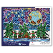 Jigsaw puzzle packaging with colorful artwork of trees and a moon.