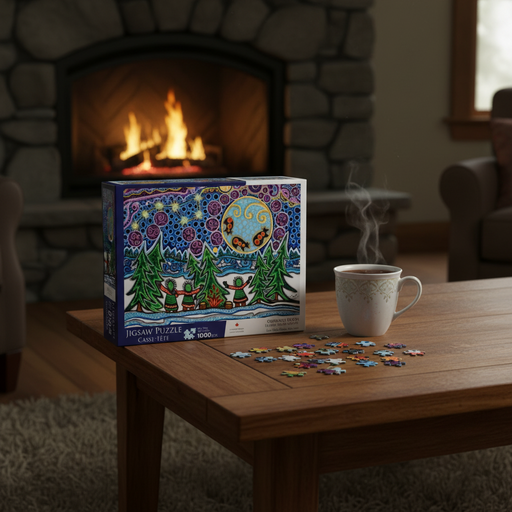 A colorful jigsaw puzzle box sits on a wooden table in a cozy living room with a burning fireplace in the background, next to a white mug with steam rising and scattered puzzle pieces in front.