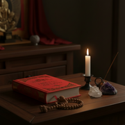 Red book, candle, rosary, and crystal on a wooden surface with a dark background