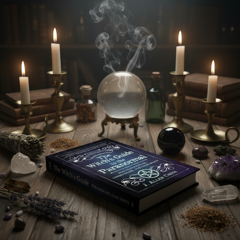 Witch's guide book with candles, crystals, and a crystal ball on a wooden table.
