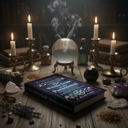 Witch's guide book with candles, crystals, and a crystal ball on a wooden table.