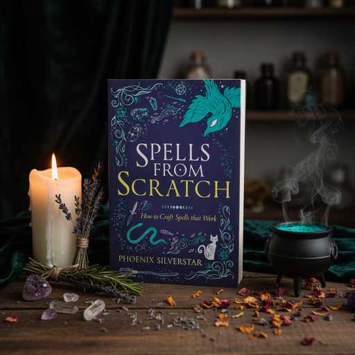 Book titled 'Spells from Scratch' by Phoenix Silverstar on a mystical setup with a candle and herbs.