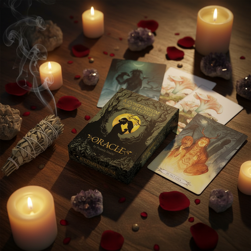 A boxed tarot oracle card deck sits on a wooden surface surrounded by lit candles, smudging, rose petals, crystals, and illustrated oracle cards. The box reads 'The Oracle' and 'Witchcraft Oracle' with a dark mystical design.