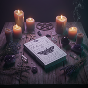 Book titled 'Mastering Magick' surrounded by candles and crystals on a wooden surface.