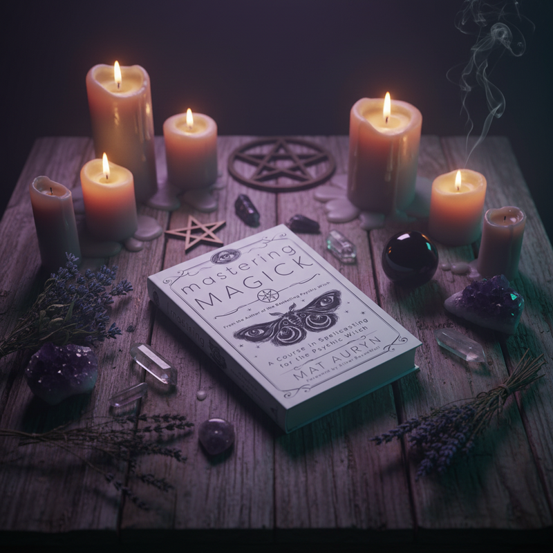 Book titled 'Mastering Magick' surrounded by candles and crystals on a wooden surface.