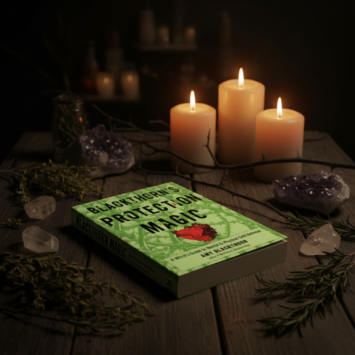 Book titled 'Protection Magic' with candles and crystals on a dark background