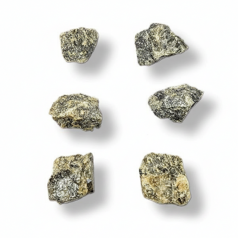 Six rough labradorite pieces arranged in two columns on a plain white background, each casting a soft shadow.