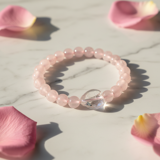 A pink beaded bracelet with a faceted clear teardrop charm, displayed on a white marble surface with pink rose petals scattered around it.
