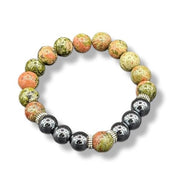 Multicolored beaded bracelet with black and silver accents on a white background
