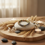 A beaded bracelet with earthy green, brown, and gray beads is displayed on a smooth light stone, styled on a wooden tray with dried wheat, white flowers, small candles, and dark stones.