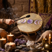 A person seated indoors plays a large drum with a mallet. The drum has moon-phase and purple floral motifs on the drumhead.