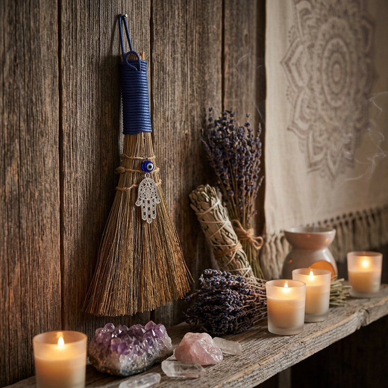 Hanging Broom Evil Eye with Fatima Hand