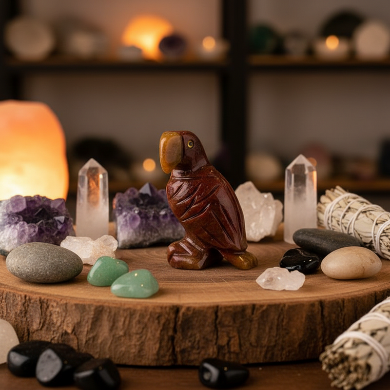 Wooden platform with a parrot figurine, crystals, and stones in a mystical setting.