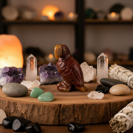 Wooden platform with a parrot figurine, crystals, and stones in a mystical setting.