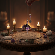 A hand holds a silver-toned crystal pendulum with purple and clear beads above a wooden ritual board on a round table. The scene is lit by four burning white candles in brass holders, surrounded by crystals, a smudge bundle, a tarot card, and a purple crystal cluster against a warm blurred background.