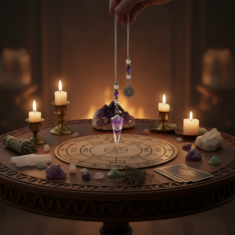A hand holds a silver-toned crystal pendulum with purple and clear beads above a wooden ritual board on a round table. The scene is lit by four burning white candles in brass holders, surrounded by crystals, a smudge bundle, a tarot card, and a purple crystal cluster against a warm blurred background.