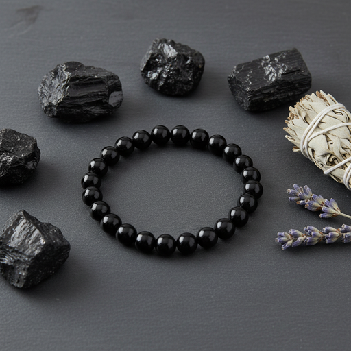 A black beaded bracelet arranged in a circle on a dark gray surface, surrounded by black stones, a white sage bundle, and small purple lavender sprigs.