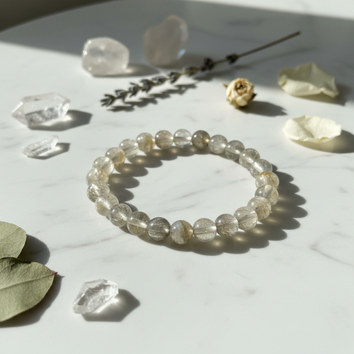A beaded stretch bracelet made of grey  rounded gemstone-like beads with subtle internal inclusions, arranged on a white marble surface with crystals, dried leaves, and petals around it.