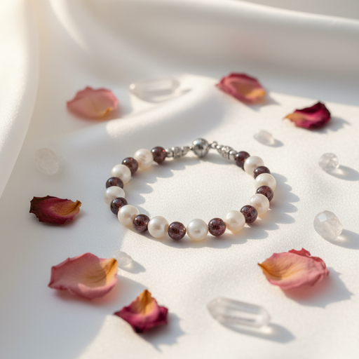 A beaded bracelet with white pearls and dark brown beads, styled on a white satin fabric with scattered rose petals and clear crystal accents.