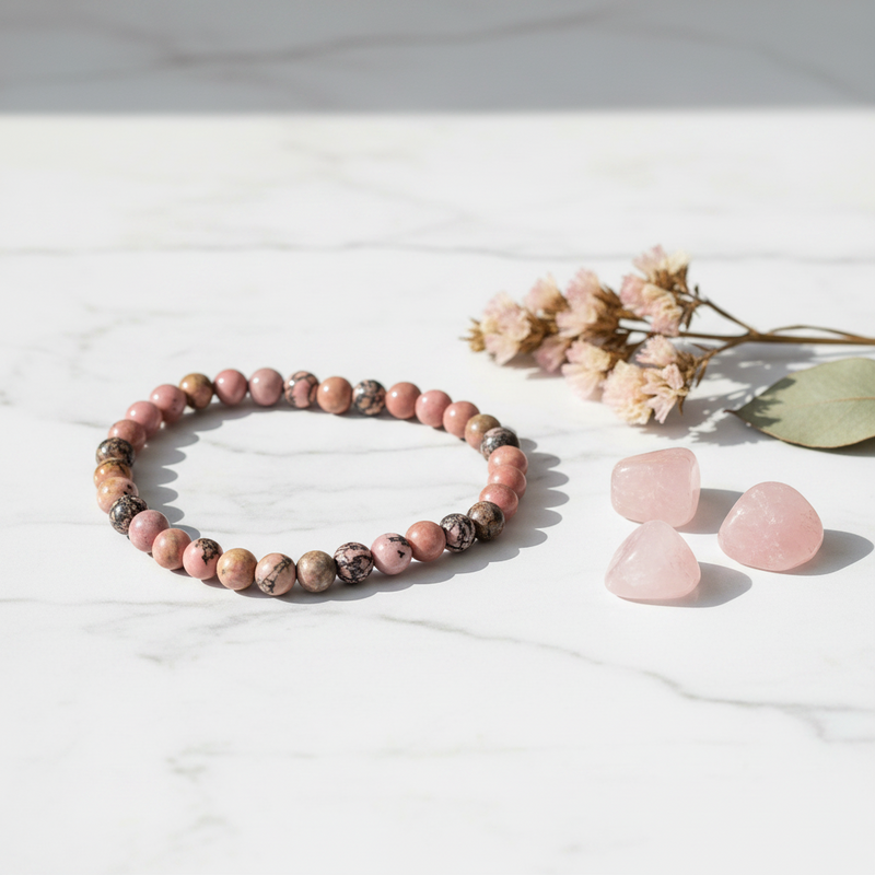 A beaded stretch bracelet made of pink, brown, and gray marbled stones, displayed on a white marble surface next to three pink crystal tumbled stones and dried flowers.