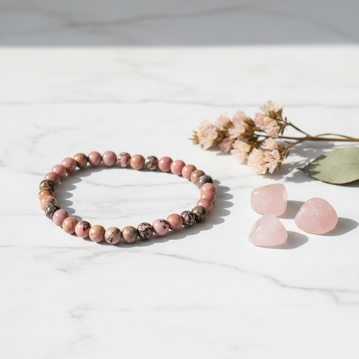 A beaded stretch bracelet made of pink, brown, and gray marbled stones, displayed on a white marble surface next to three pink crystal tumbled stones and dried flowers.