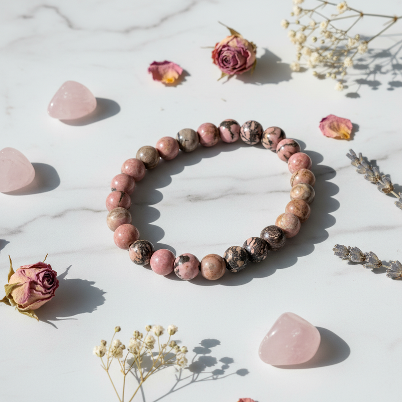 A beaded stretch bracelet made of polished pink and brown stone beads with some dark marbled sections, arranged in a circle on a white marble surface with dried roses, crystals, and small white flowers around it.