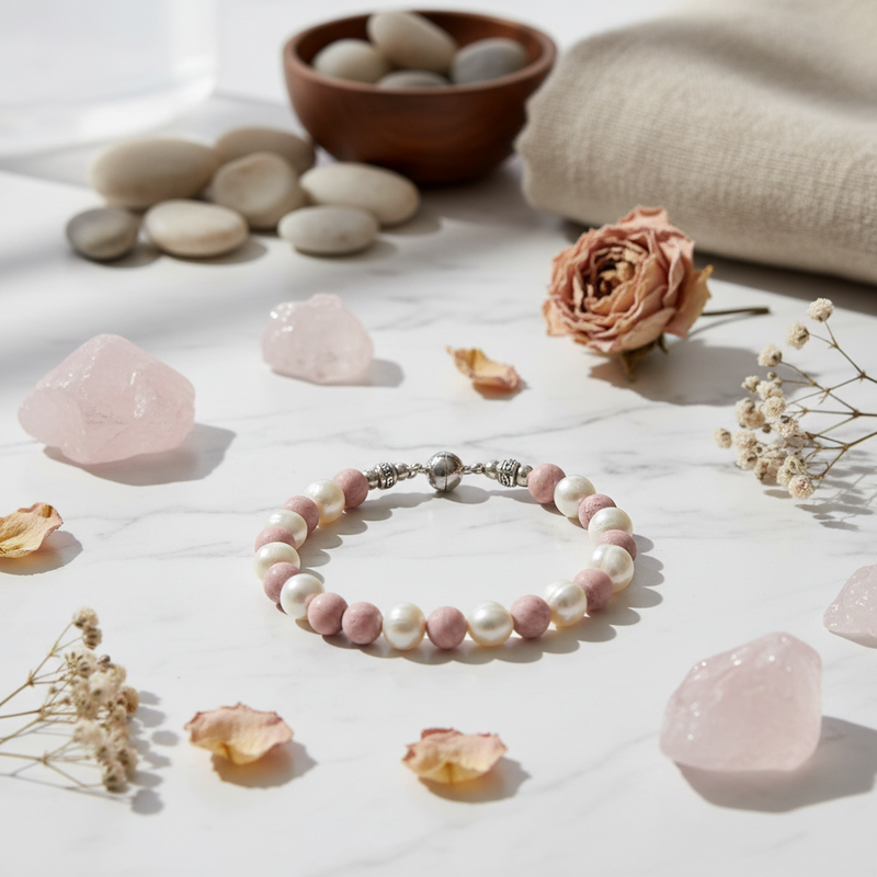 A beaded bracelet with pink and white beads and a silver-toned clasp, styled on a white marble surface with pink stones, dried flowers, pebbles, and a folded beige fabric in the background.