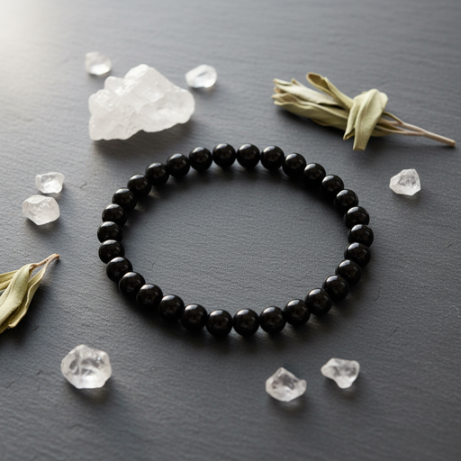 A black beaded bracelet arranged in a circle on a dark gray slate surface, surrounded by clear crystal clusters and dried green leaves.