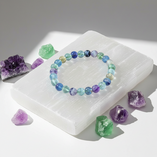 A beaded stretch bracelet made of round, translucent gemstone beads in shades of blue, purple, green, and clear, displayed on a white rectangular slab with purple and green crystals around it.