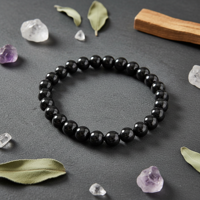 Black beaded bracelet on a dark surface with crystals and leaves