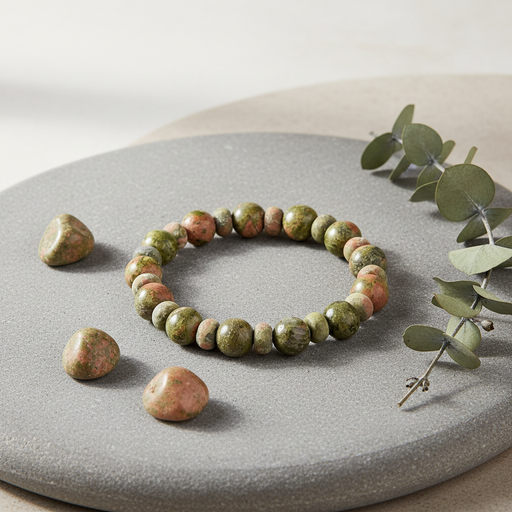 A beaded stretch bracelet made of round, polished stones in green, brown, and peach tones, arranged on a round gray stone slab with decorative eucalyptus leaves.