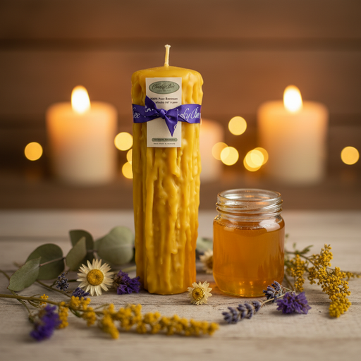Yellow textured candle with a label, jar of honey, and flowers on a wooden surface with blurred candles in the background.