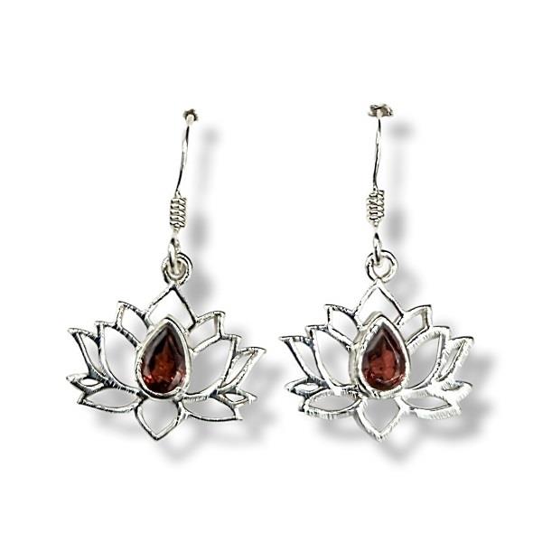 Earrings Garnet Lotus Sterling Silver