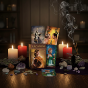 tarot cards with candles and crystals on a wooden surface