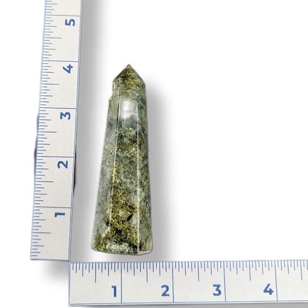 Prehnite with Black Epidote Polished Point 88g Approximate