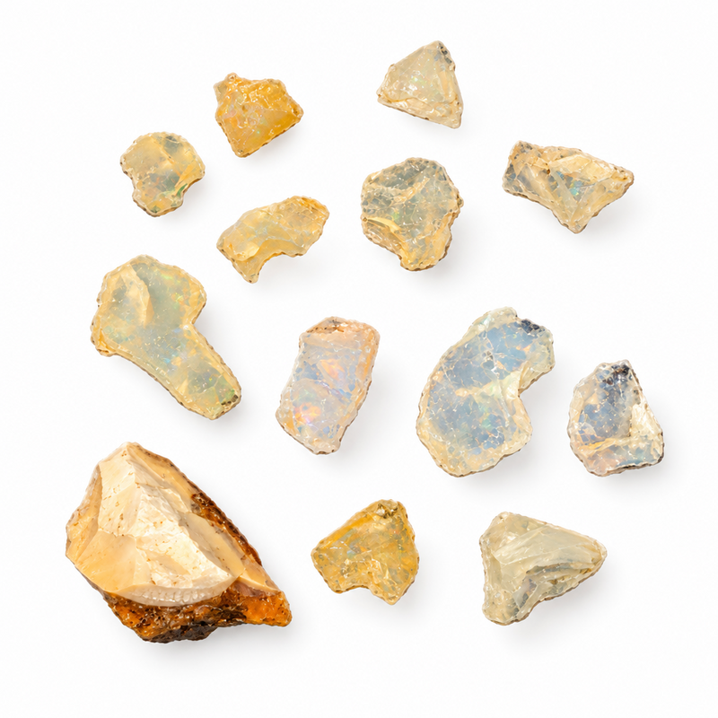 A collection of raw, rough-cut opal gemstones in various shapes and colors, including yellow, blue, green, and orange tones, arranged on a plain white background.