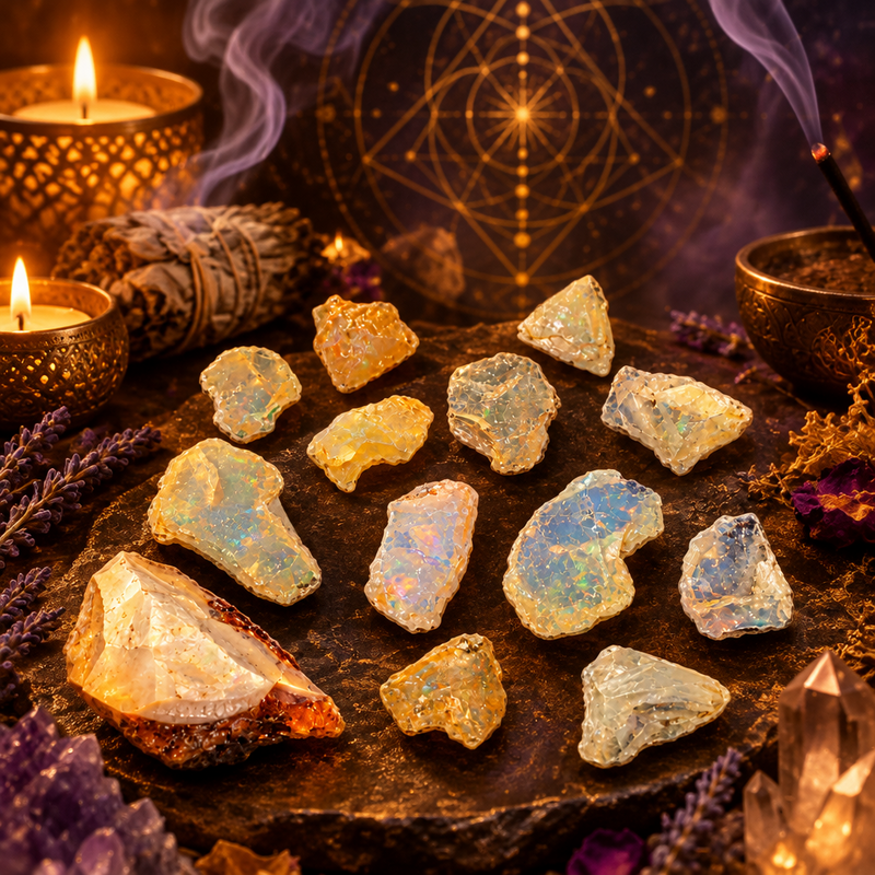 A collection of raw, rough opal-like gemstones in various colors and textures arranged on a dark wooden tray, surrounded by mystical props including lit candles, a smudge bundle, a bronze bowl, and a glowing geometric crystal sphere in the background.