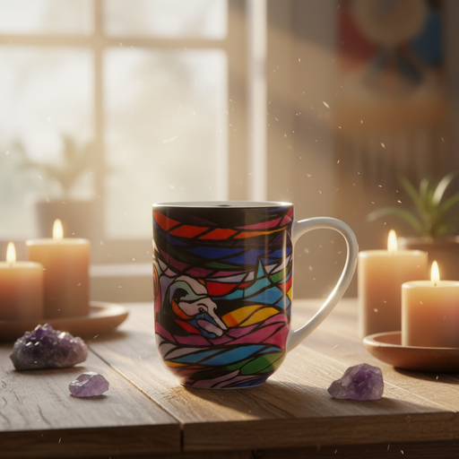 Don Chase Salmon Hunter Porcelain Mug  sits on a wooden table surrounded by lit candles, amethyst crystals, and a softly blurred warm interior background.