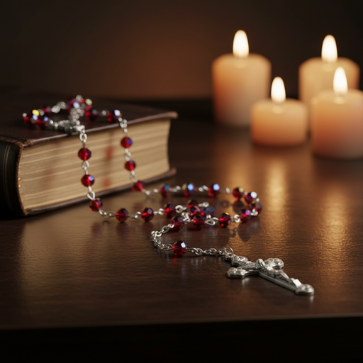 Glass Birthstone Rosary for January on a book next to lit candles on a wooden surface