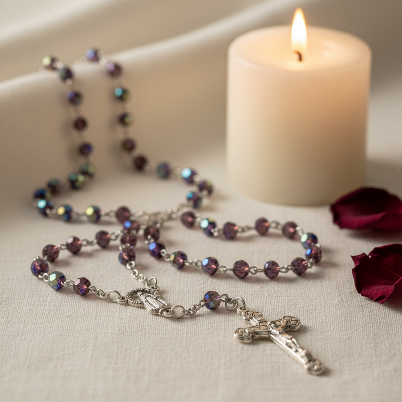 Glass Birthstone Rosary for February next to a lit candle on a soft surface.