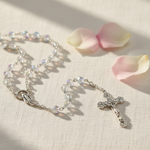 Rosary that symbolizes the Birthstone April on a light fabric background with pink petals.