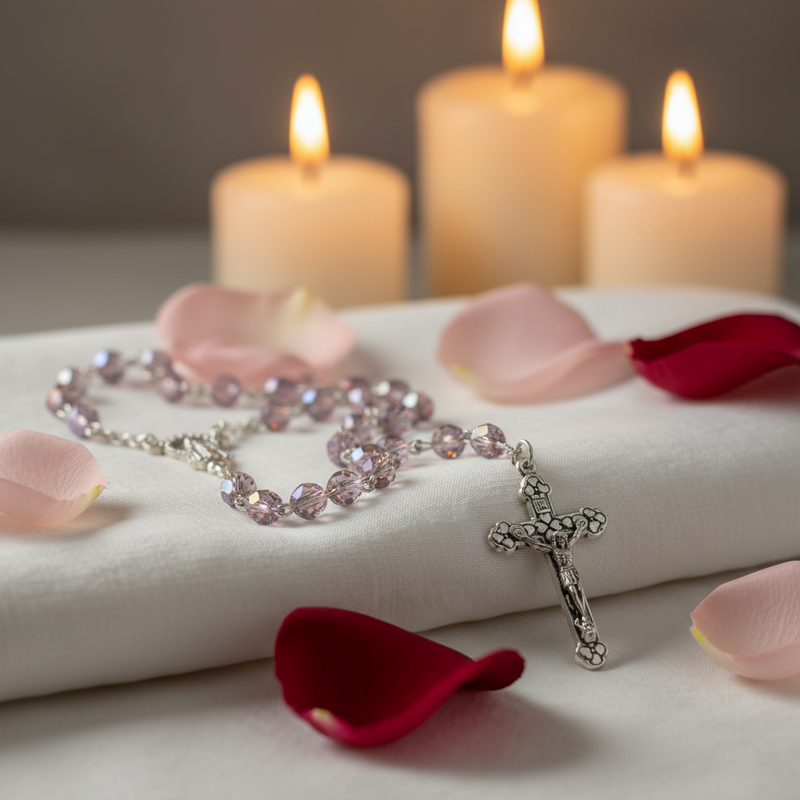 Glass Birthstone Rosary for June on a white surface with candles in the background