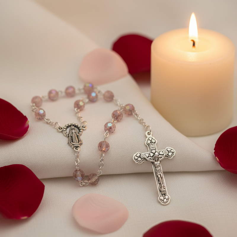 Glass Birthstone Rosary for October  on a white surface with red and pink petals and a lit candle.