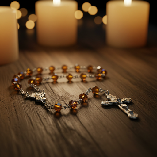 Birthstone Rosary for November on a wooden surface with blurred candles in the background