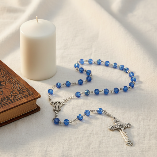 Glass Birthstone Rosary for Decembers on a white fabric background with a candle and wooden book.