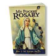 Book titled 'My Pocket Rosary' with a depiction of a religious figure on the cover.