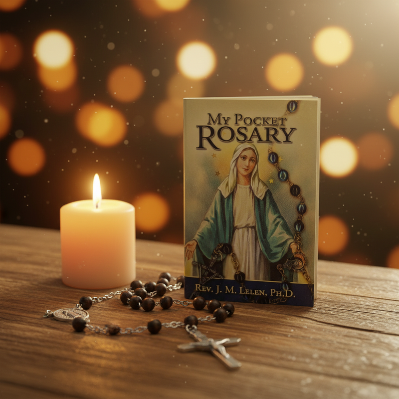 Pocket Rosary book with rosary beads and candle on a wooden surface with blurred lights in the background